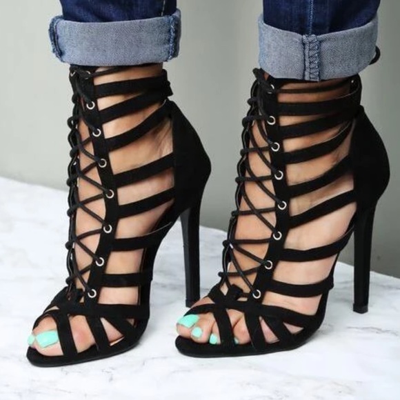 Lola Shoetique Black Lace-up Peep Toe Gladiator Heels 7 - Picture 1 of 7